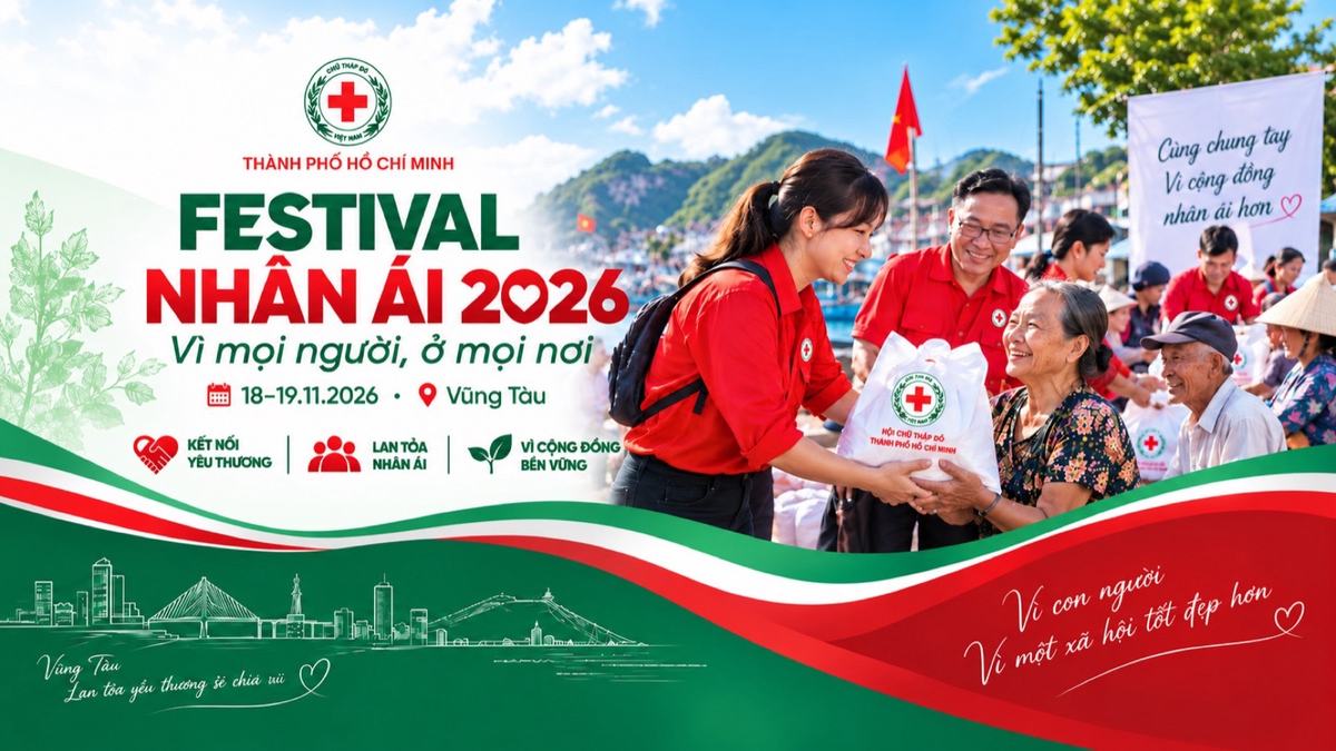 Poster Festival Nhân ái 2026: tình nguyện viên Chữ thập đỏ trao túi quà cho cụ bà, nền biển Vũng Tàu, dòng chữ Vì mọi người, ở mọi nơi, 18–19.11.2026
